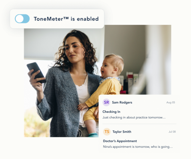 Woman holding baby using Tone Meter feature of OurFamilyWizard App