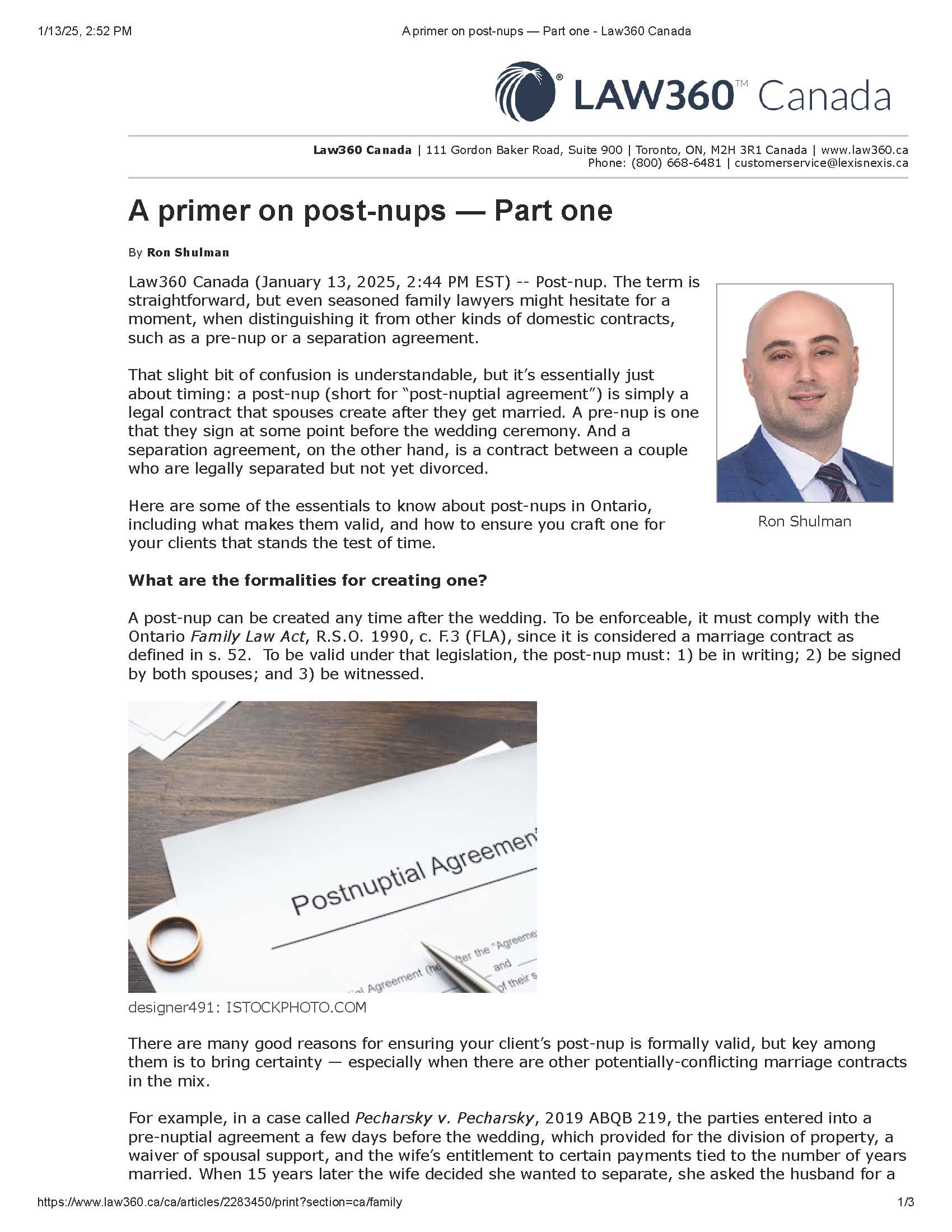 Ron Shulman - A primer on post-nups  Part one - Law360 Canada_Page_1