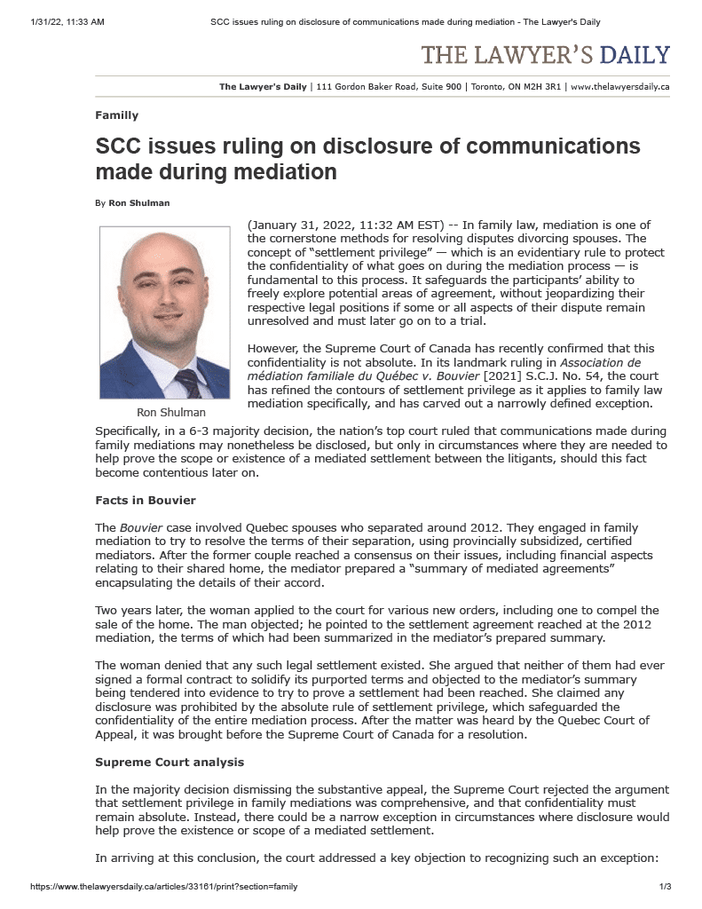 SCC issues ruling on disclosure of communications made during mediation